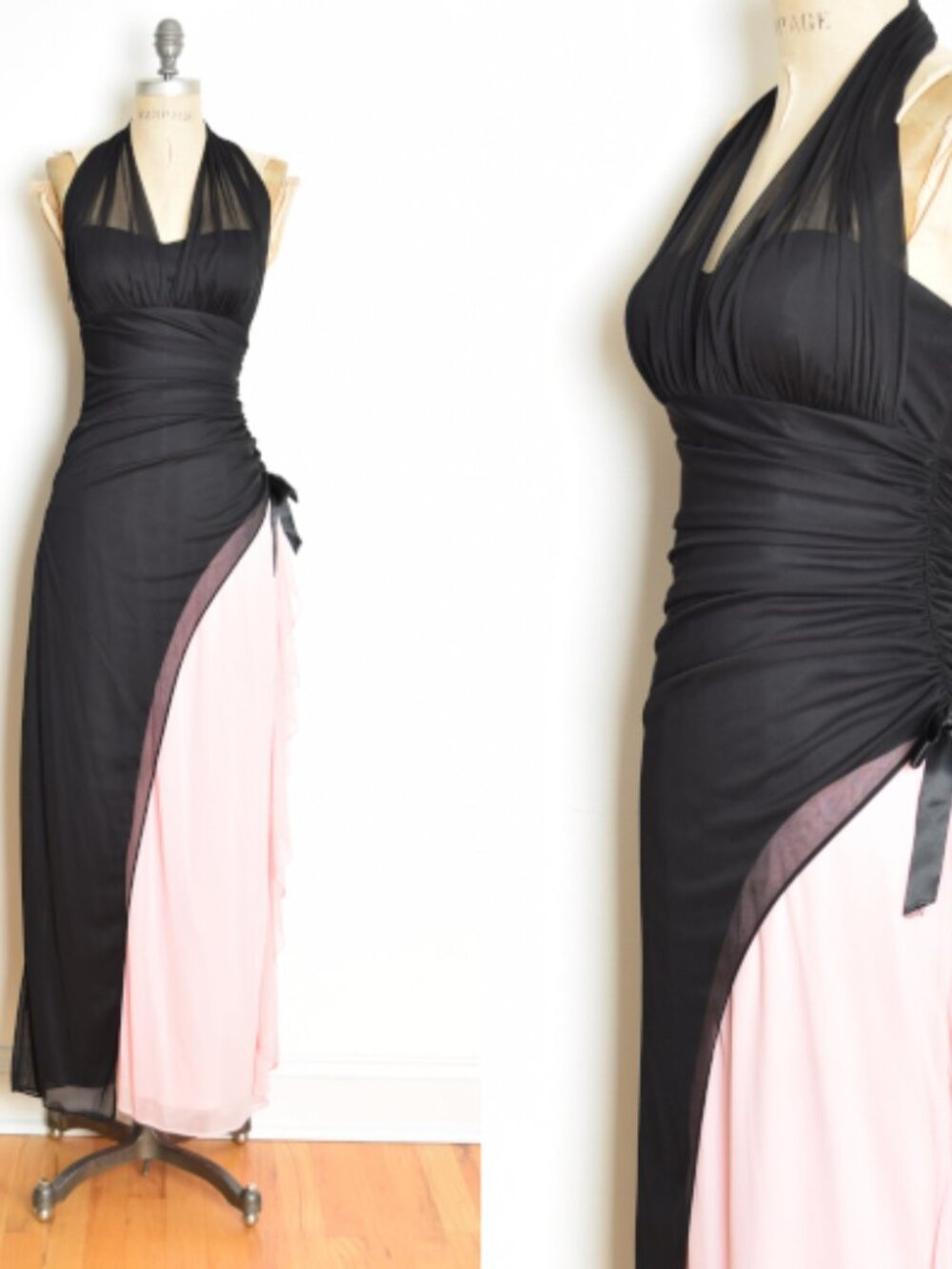 vintage Y2K prom dress Blondie Nites pink black mesh ruffle halter ballet XS S